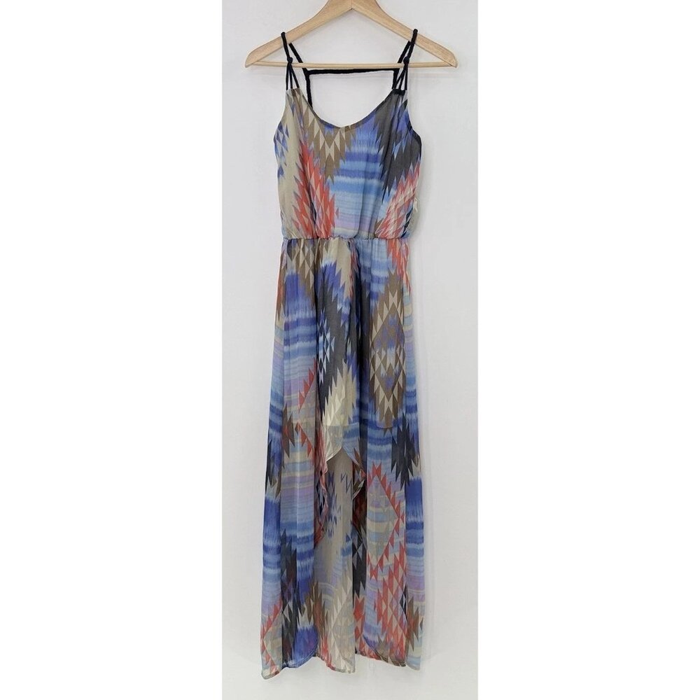 XHILARATION Women's Maxi Hi Lo Dress Lined Braided Strap Geometric Size XS Boho‎